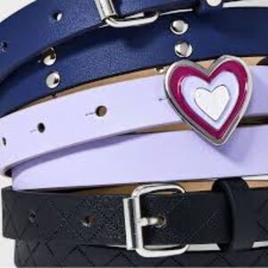 Cat & Jack Blue/Purple/Black Girls 3pk Heart Buckle Studded Embossed Belt Set XL